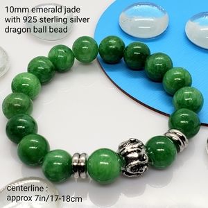 Handcrafted emerald green jade bracelet w/ 925 sterling silver dragon ball bead